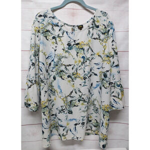 Lee Plus Size 3X Gray Blue Floral Blouse Top 3/4 Ruffle Sleeve